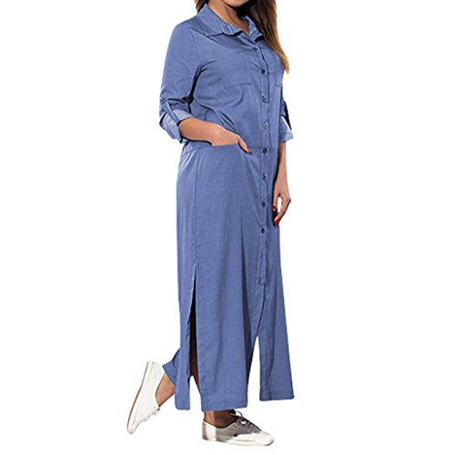 Minisoya Women Plus Size Long Sleeve Denim T-Shirt Dress Kaftan Tunic Pockets Split Casual Loose Party Long Maxi Dress (Blue, M)