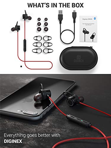 Diginex | Bluetooth Earbuds | Wireless Magnetic Headset | Sport Earphones for Running | IPX7 Waterproof Headphones | 9 Hours Playtime | Stereo Sound | Noise Cancelling Mic | 1 Hour Recharge - Red