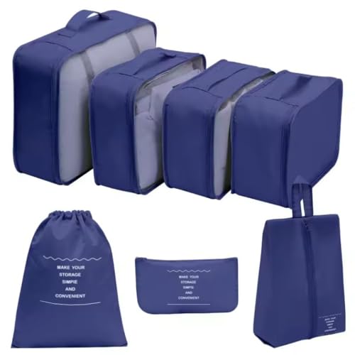Kit Organizador de Malas para Viagem 7 Peças Conjunto Organizador Completo Bolsas Necessaire Sapatos Maquiagem Roupas Bagagem Organizada (Azul Marinho)