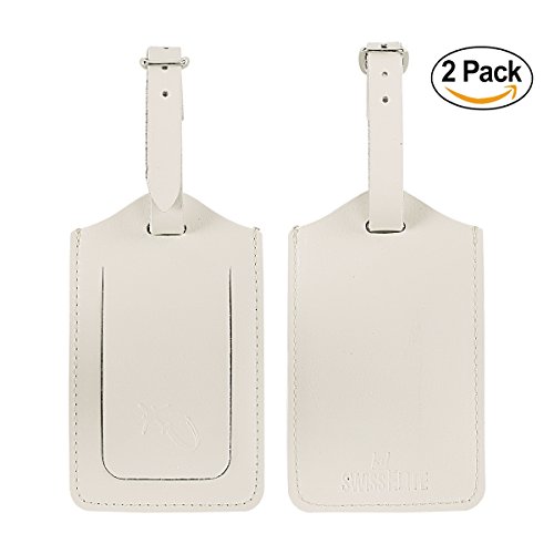 SwissElite Genuine Leather Luggage Tags & Bag Tags 2 pieces Set in 5 Color (Rice White)