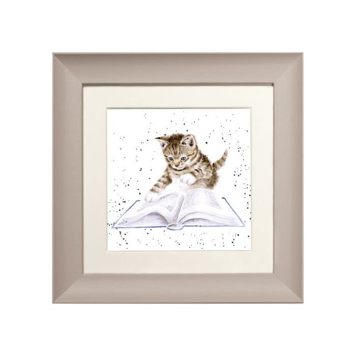 Wrendale Designs "Book Worm" Cat Framed Picture in Various Frame Colours (Taupe)