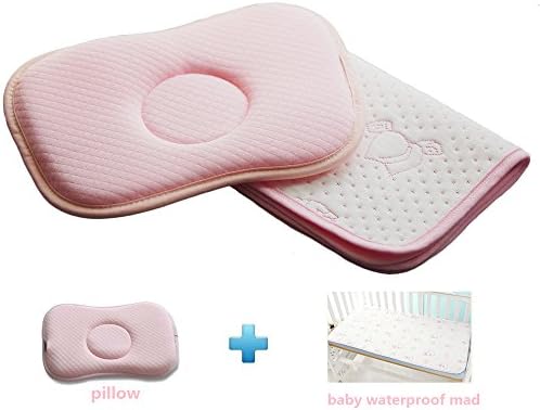 COMEMAKA Protection for Flat Head Syndrome Breathable 3D Air Mesh Organic Cotton baby pillow(with Baby Waterproof Mat Infant Urine Crib Mattress Pad Cover Protector ) (Pink)