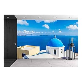 Santorini Island, Greece, Beautiful View of Blue Ocean and Traditional Dome Church Architecture - Removable Wall Mural | Self-Adhesive Large Wallpaper - 66x96 inches