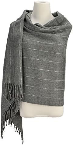 Cashmere Feel Ribbed Stripe Poncho Pashmina Tassel Cardigan Shawl (Grey)