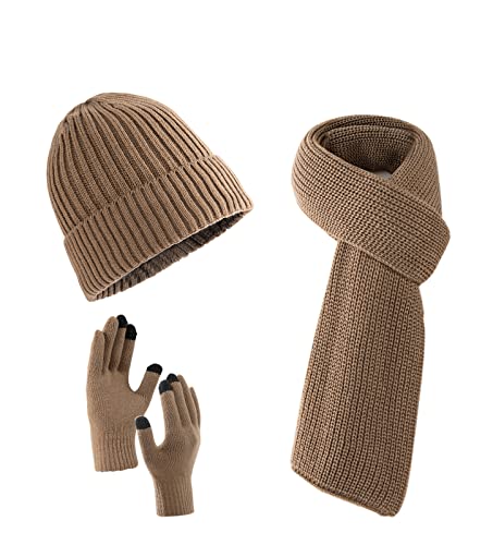 Villand 3 Pcs Hats Scarf with Touchscreen Gloves for Men and Women, Unisex Cold Weather Set with Fleece Lined & Gift Bag