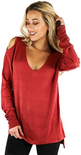 Ohconcept Collection Cold Shoulder V-Neck Sweater, Terracota, Extra Large