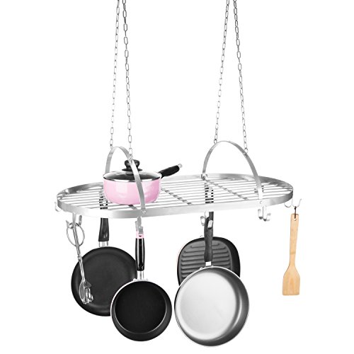 MyGift Silver Scrollwork Metal Ceiling-Mounted Hanging Kitchen Utensils, Pots, Pans Holder Hanger Rack
