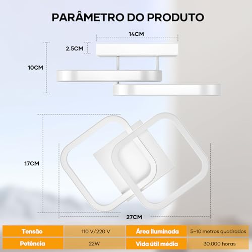Trailabo Luminária LED de Teto, Duas Luminária Quadrado + Duas Fitas de Luz Circulares, Iluminação Ajustável em Três Cores, para Sala e Quarto, 3000-6000K (Branco)
