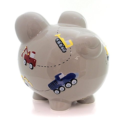 Child to Cherish Ceramic Piggy Bank, Construction Trucks, Grey