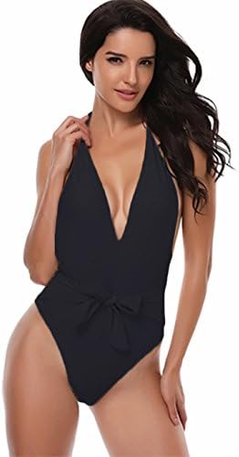 Fedpop Women Black One Piece Backless Swimsuit Deep Plunge Halter Swimwear Bathing Suit
