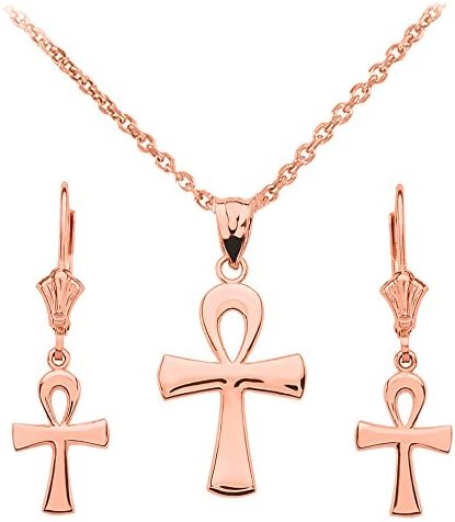 14k Rose Gold Egyptian Ankh Cross Necklace and Earring Set, 18"