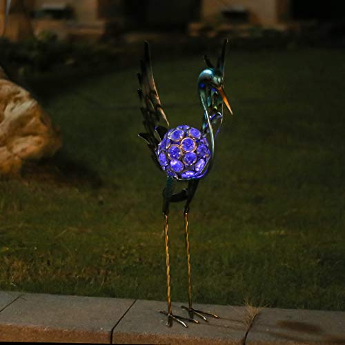 Kircust Garden Crane Standing Yard Art Ornaments Statue, Outdoor Metal&Glass Heron Bird Sculpture Waterproof Solar Powered LED Lights for Backyard Lawn Patio Walkway and Home Decor, Blue&Gold, 26-Inch