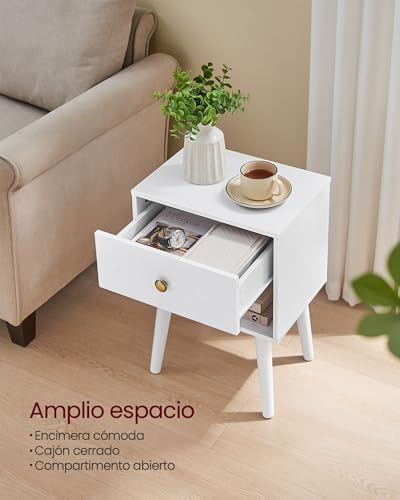 Mesita de Noche, Mesa Auxiliar con Cajón y Compartimento de Almacenamiento Abierto, Patas de Madera, Mesa de Centro para Sala de Estar, Dormitorio, Sofá, Blanco Nieve LET655W01