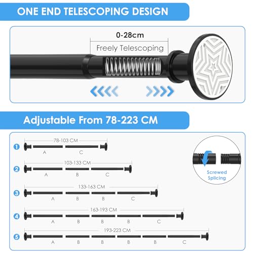 Veloxtera Black Shower Curtain Pole 78-223 cm, 28mm Extendable Tension Curtain Rod No Drill, Adjustable Heavy Duty Shower Rail with 1pcs Bracket for Bathroom, Window, Door