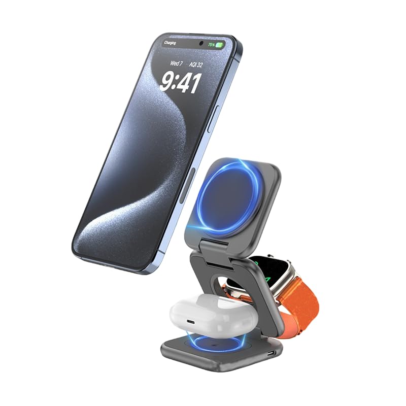 ENOVIQ 3 in 1 Charging Station for iphone and Qi Devices, Foldable Wireless Charger Magsafe for iPhone 16 15 14 13 12 Pro/Max/Plus, 15W Fast Charger for iWatch, AirPods Pro/2/3/4 (BLACK)