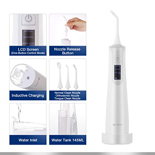 VICOODA Cordless Water Flosser Teeth Cleaner - Portable Dental Oral Irrigator Rechargeable For Travel, Home Use - PX7 Waterproof Dental Water Jet 145ML for Deep Cleaning With 3 Interchangeable Nozzles