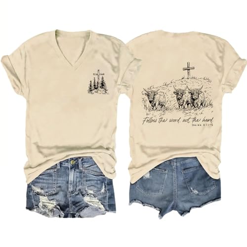 Western Shirts for Women Christian V Neck Short Sleeve Tops Apricot at Amazon