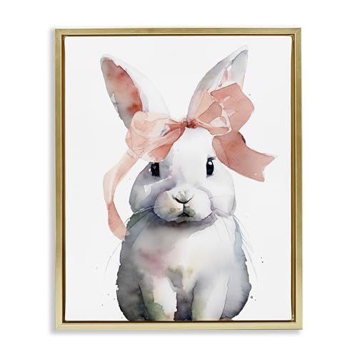 Stupell Industries 'Bunny with Soft Pink Ribbon', Floating Frame Canvas Art, Go…