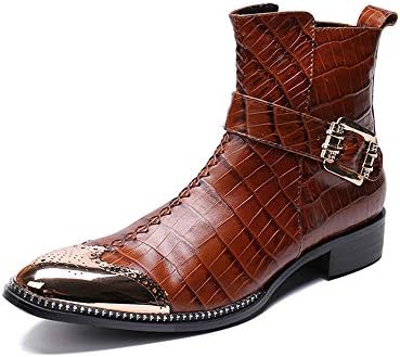 High Top Boots for Men Ankle Shoes Casual Genuine Leather Pointed Metal Cap Toe with Strap Buckle Inner Zipper Blcok Heel