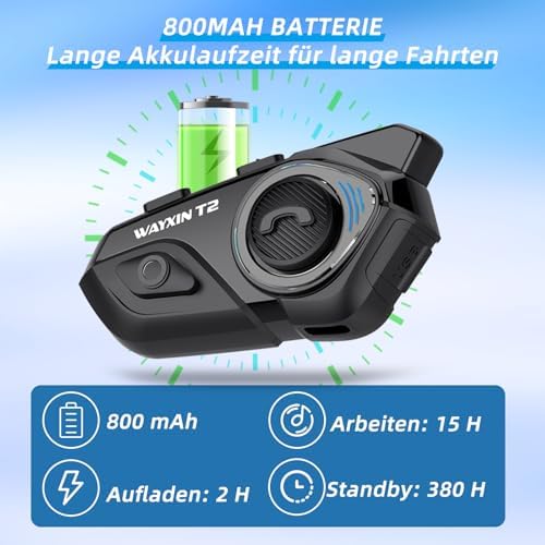 WAYXIN T2 Motorcycle Headset with Intercom, Helmet Communication System for 2 People in Range of 300 m, with Voice Assistant, Waterproof Hands-Free Calling, Music Call Control (1 Piece)