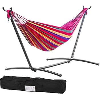 Techfaith Double Hammock Two Person Adjustable Hammock Bed With Space Saving Steel Stand Includes Portable Carrying Case Easy Set Up Redyellow