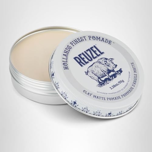 REUZEL CLAY MATTE POMADE, MEDIUM ALL DAY HOLD, WATER SOLUBLE STYLING, MATTE FINISH AND FLAKE FREE, EASY TO WASH OUT, FOR ALL HAIR TYPES