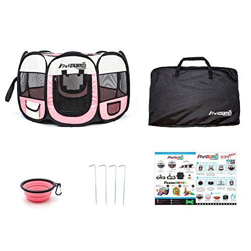 PET4FUN PN935 35" Portable Pet Puppy Dog Cat Animal Playpen Yard Crates Kennel w/Premium 600D Oxford Cloth, Tool-Free Setup, Carry Bag, Removable Security Mesh Cover/Shade, 2 Storage Pockets(Pink) - Thumbnail 6