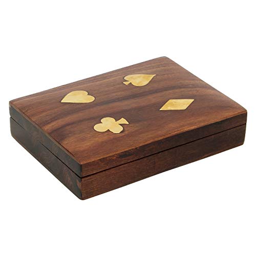 Ajuny Decorative Wooden Standard Double Deck Playing Cards Holder Case Storage Box Handmade With Fine Brass Ace Design