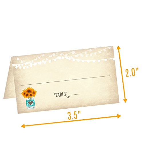Vintage Sunflowers in Mason Jar Wedding Tented Table Place Cards (50 Count) - Fold Over Tent Style - Wedding Reception, Bridal Shower, Anniversary Party, Banquet Dinner Place Seating Cards