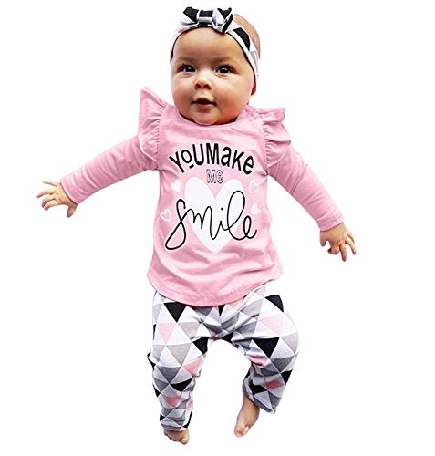 3Pcs Baby Girl Outfit Set Long Sleeve Letter You Make Me Smile Ruffle Tops Geometric Pants +Headband Clothes Sets (Pink, 3-6 Months)