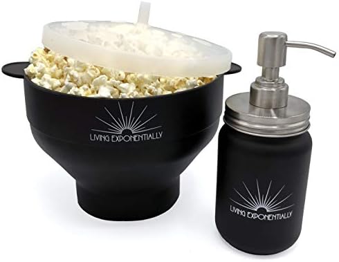 Living Exponentially Microwave Popcorn Popper Bundle with Butter Dispenser Includes Lid for Dishwasher Safe BPA Free Collapsible Silicone Bowl and Rust Proof Stainless Steel Dispenser for Glass Mason Jar (Black)