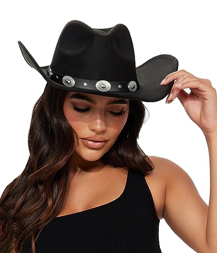 Eohak Womens Western Cowboy Hats Studded Pinched Western Cowgirl Hats Wide Brim Fedoras Hat with Belt Buckle (Size:Medium)