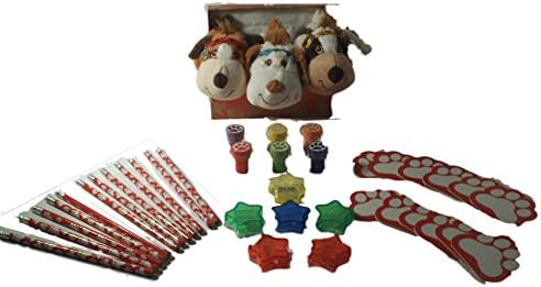 PUPPY DOG STUFFED ANIMAL ACTIVITY FREINDSHIP BUNDLE GIFT SET WITH 3- PUPPIES, 6 PAW PRINT STAMPERS, 12 MINI-NOTEPADS, 3 BRACELETS, 12 PENCILS AND A GIFT BOX FOR GIVING