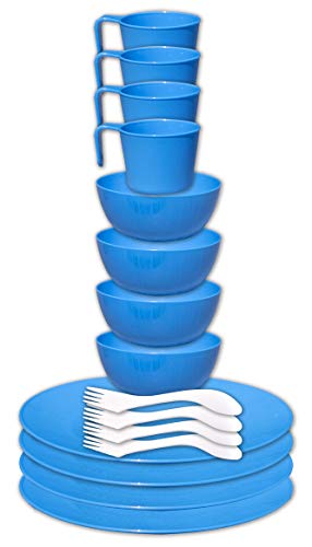 gear4U Camping Tableware Sets - Outdoor Dishes with Mesh Carry Bag - BPA Free - Plate, Bowl, Cup and Utensil for Hiking, Camping, Backpacking, Travel and Outdoor Survival - Blue 4 Person Set
