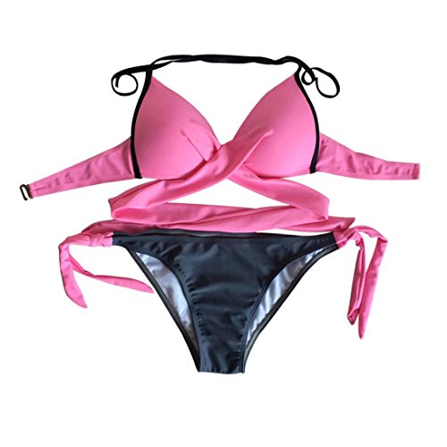 Gocheaper Bikini, Women Solid Push Up Solid Bandage Bikini Set Swimwear Swimsuit Beachwear (L, Pink)