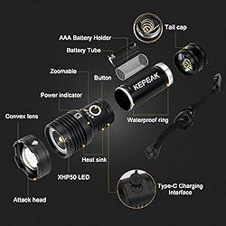 KEPEAK Flashlight High Lumens Rechargeable, 10000