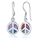 925 Sterling Silver Multi-Colored Mother of Pearl Shell Peace Sign Round Dangle Hook Earrings