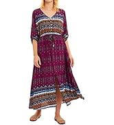 ZXZY Maxi Dress for Women Beach Vacation Button Down V Neck Roll Up Sleeve Boho Dress