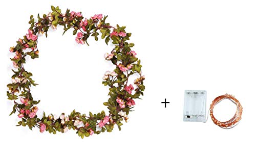 Hecaty 2 Strands Artificial Rose Garland Silk Flowers Hanging Rose Vine with 16ft Led String for Wedding Home Party Event Wreath Decor (Pink&Champagne) - Thumbnail 6