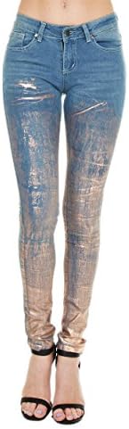 Women's Foil Print Denim Skinny Jeans (7, GOLD FOIL-3121)