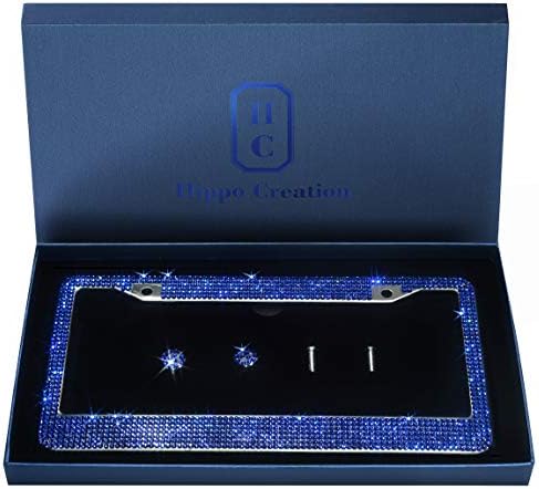 1 Pack Luxury Handcrafted Blue Rhinestone Premium Stainless Steel Bling License Plate Frame