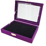 48 Slot Black Velvet Pad and Purple Velvet Glass Top Lid Jewelry Display Box, for Rings and Cuffs, 20x15x4.5cm