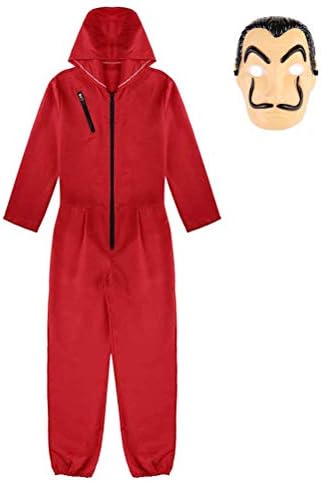 Mask Salvador Dali Face Mask Coverall Red Jumpsuits for Halloween Masquerade,la Casa de Clown Cosplay Hoodie Costume with Mask for Unisex Kids&Adults