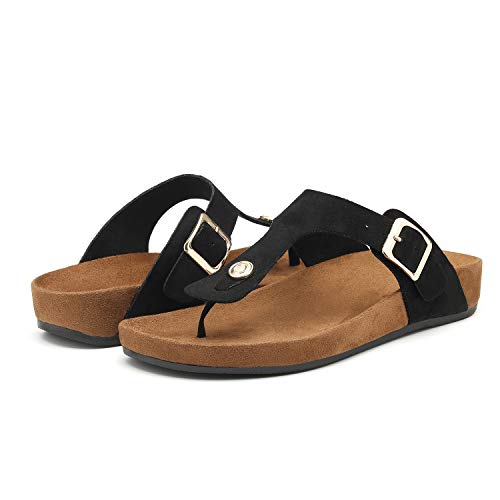 Women's T-Strap Thong Sandals Buckle Slip On Flip-Flops Beach Casual Platform Footbed Slippers (11, Black)