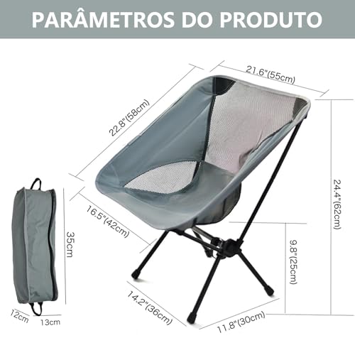 Cadeira Camping, GODREAM Cadeira Camping Dobravel para Acampamento, com Bolsa de Transporte, Estrutura de Aço Carbono e Tecido Poliéster Resistente Premium, Suportar Até 150 kg, Portatil (Cinza)