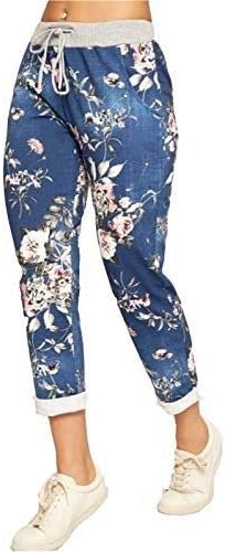 Womens Ladies Italian Floral Rose Printed Turn Up Trousers Summer Beach Trouser Pants Denim Jeans