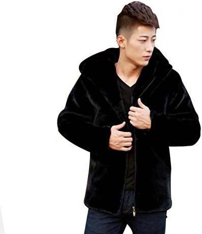 Fhillinuo Mink Faux Fur Jacket For Men With Hood(Black XL)