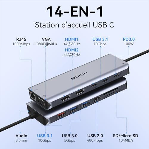 USB C Docking Station Dual Monitor, 14 in 1 USB C Dock to Dual HDMI and VGA, Ethernet RJ45, 100W PD, USB 3.1/3.0/2.0, SD/microSD and Audio, USB C Hub for MacBook HP Lenovo Dell