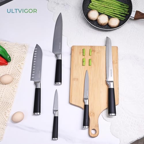 ULTVIGOR Conjunto de Facas 5 Peças, 4CR13 Aço Inoxidável Afiado e Durável, Cabo antiderrapante, Corte Preciso para Cozinhas Domésticas, Inclui Faca de Chef, Santoku, Preto
