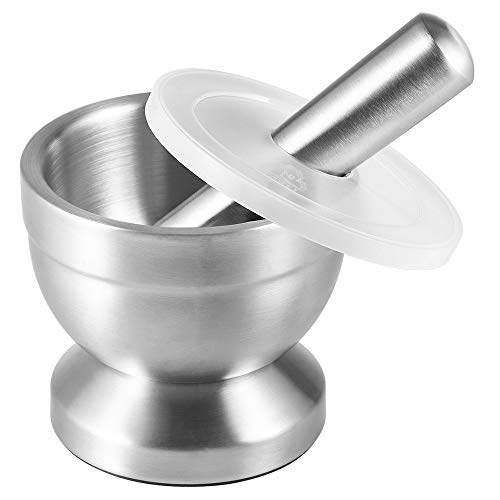 Tera Mortar and Pestle Set Stainless Steel Spice Crusher Pill Grinder Pestle and Mortar for Grinding Herbs Seasonings Pastes Pesto with Lid